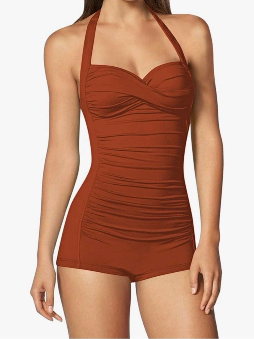 Sovoyontee One Piece Tummy Control Swimsuit Boyshort Retro Burnt Orange L